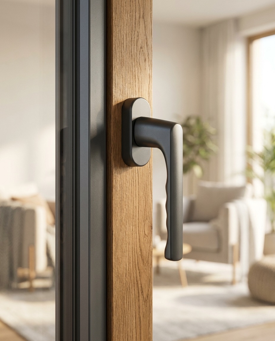 Fenstergriff und Rahmen im Detail