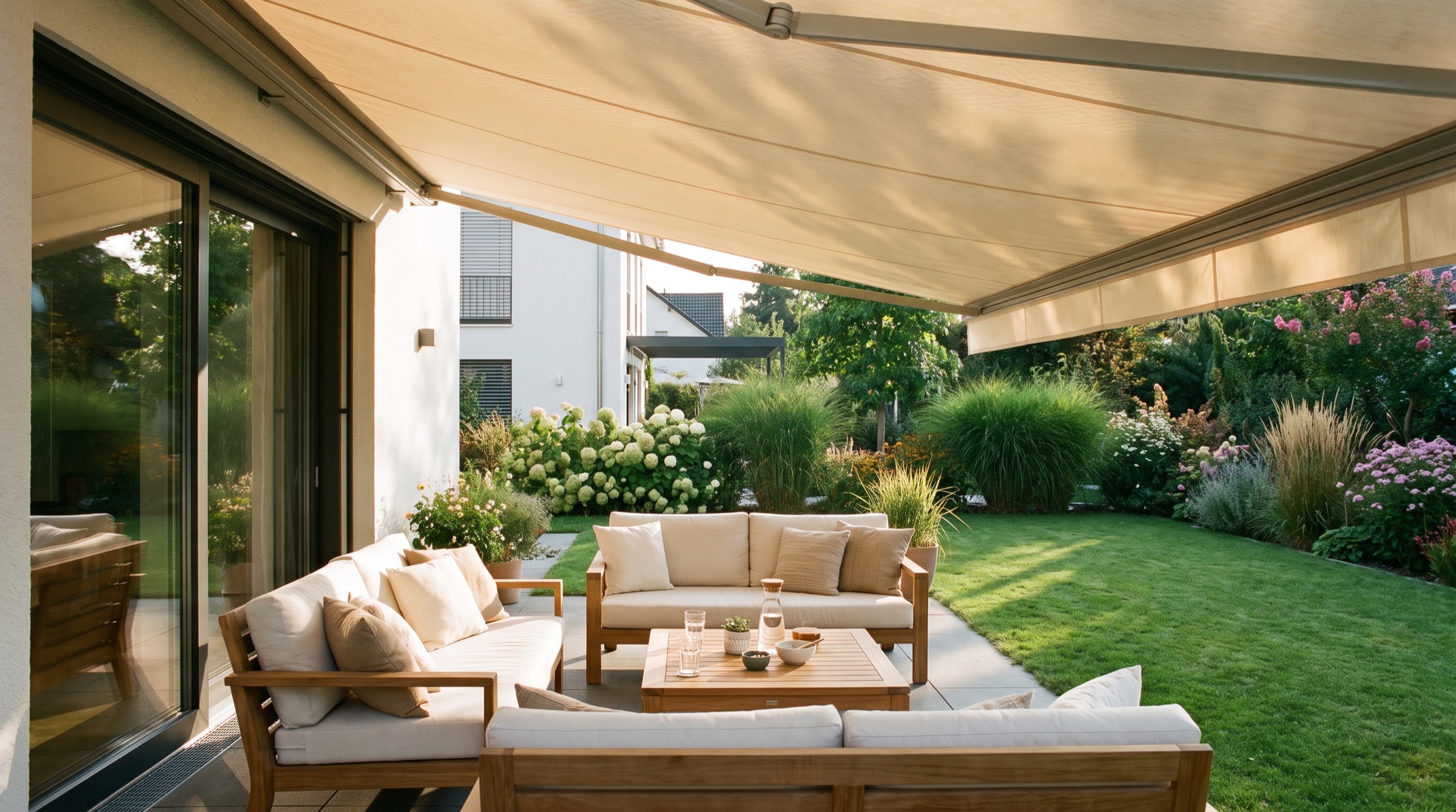 Ausgefahrene Markise über einer Terrasse